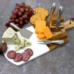 Zelancio Marble And Acacia Wooden Serving Cheese Board, 6 Piece Charcuterie Set Includes Stainless Steel Cheese Tools, Serving Paddle, Wood Cheese Knife Holder With Integrated Magnets