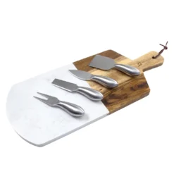 Zelancio Marble And Acacia Wooden Serving Cheese Board, 6 Piece Charcuterie Set Includes Stainless Steel Cheese Tools, Serving Paddle, Wood Cheese Knife Holder With Integrated Magnets