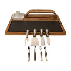Zelancio Slate Cheese Board, 12 Piece Charcuterie Set Includes 4 Stainless Steel Cheese Knives, Bigger Acacia Serving Tray With Slate Board, And Wood Tool Holder