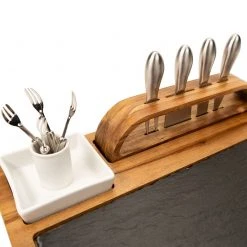 Zelancio Slate Cheese Board, 12 Piece Charcuterie Set Includes 4 Stainless Steel Cheese Knives, Bigger Acacia Serving Tray With Slate Board, And Wood Tool Holder