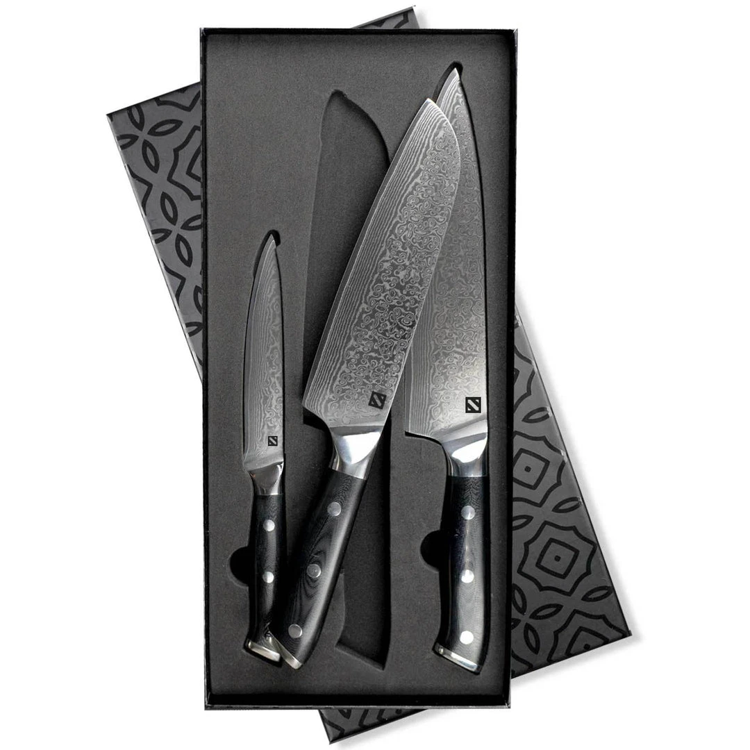 Zelancio HOME GOODS 3 Piece Damascus Knife Set VG-10 High Carbon Steel Core, Polished G-10 Handle 1 Zelancio HOME GOODS 3 Piece Damascus Knife Set VG-10 High Carbon Steel Core, Polished G-10 Handle
