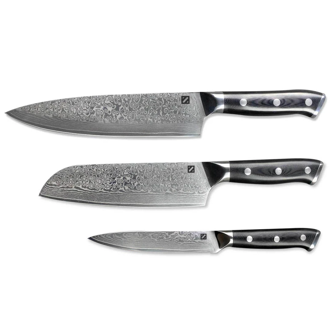 Zelancio HOME GOODS 3 Piece Damascus Knife Set VG-10 High Carbon Steel Core, Polished G-10 Handle 2 Zelancio HOME GOODS 3 Piece Damascus Knife Set VG-10 High Carbon Steel Core, Polished G-10 Handle