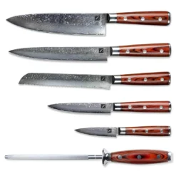 Zelancio Kitchen 6 Piece Hammered Damascus Steel Knife Set With 16-Layer Steel Blade And Teak Handle