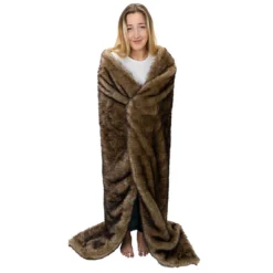 Moonstone Faux Wolf Fur Blanket With Button Straps And Storage Pocket, 54 Inches X 64 Inches HOME GOODS