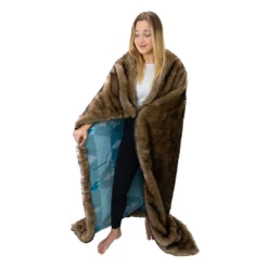 Moonstone Faux Wolf Fur Blanket With Button Straps And Storage Pocket, 54 Inches X 64 Inches HOME GOODS
