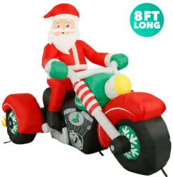 Holidayana HOME GOODS 8 Ft Inflatable Christmas Santa On A Motorcycle Outdoor Decoration With LED Lights, Fan, And Stakes