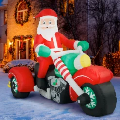 Holidayana HOME GOODS 8 Ft Inflatable Christmas Santa On A Motorcycle Outdoor Decoration With LED Lights, Fan, And Stakes