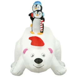 Holidayana 8 Ft Inflatable Christmas Penguins On Polar Bear Outdoor Decoration With LED Lights, Fan, And Stakes