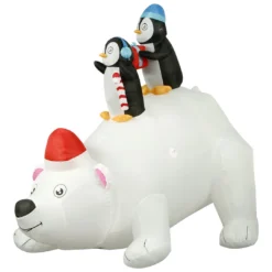 Holidayana 8 Ft Inflatable Christmas Penguins On Polar Bear Outdoor Decoration With LED Lights, Fan, And Stakes