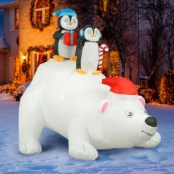 Holidayana 8 Ft Inflatable Christmas Penguins On Polar Bear Outdoor Decoration With LED Lights, Fan, And Stakes