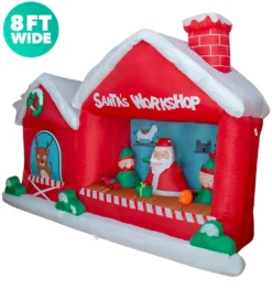 Holidayana 8 Ft Inflatable Christmas Santa Workshop Outdoor Decoration With LED Lights, Fan, And Stakes