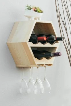 Atterstone HOME GOODS Honeycomb Wine Rack With Hanging Stemware Slots: Holds 5 Bottles And 4 Glasses