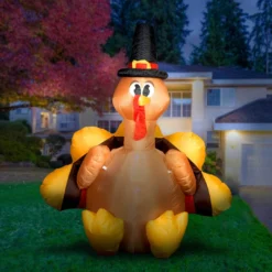 Holidayana Inflatable Turkey With Pilgrim Hat Thanksgiving Decoration With Built-In Fan And LED Lights