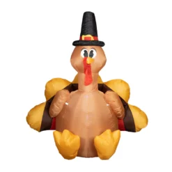 Holidayana Inflatable Turkey With Pilgrim Hat Thanksgiving Decoration With Built-In Fan And LED Lights